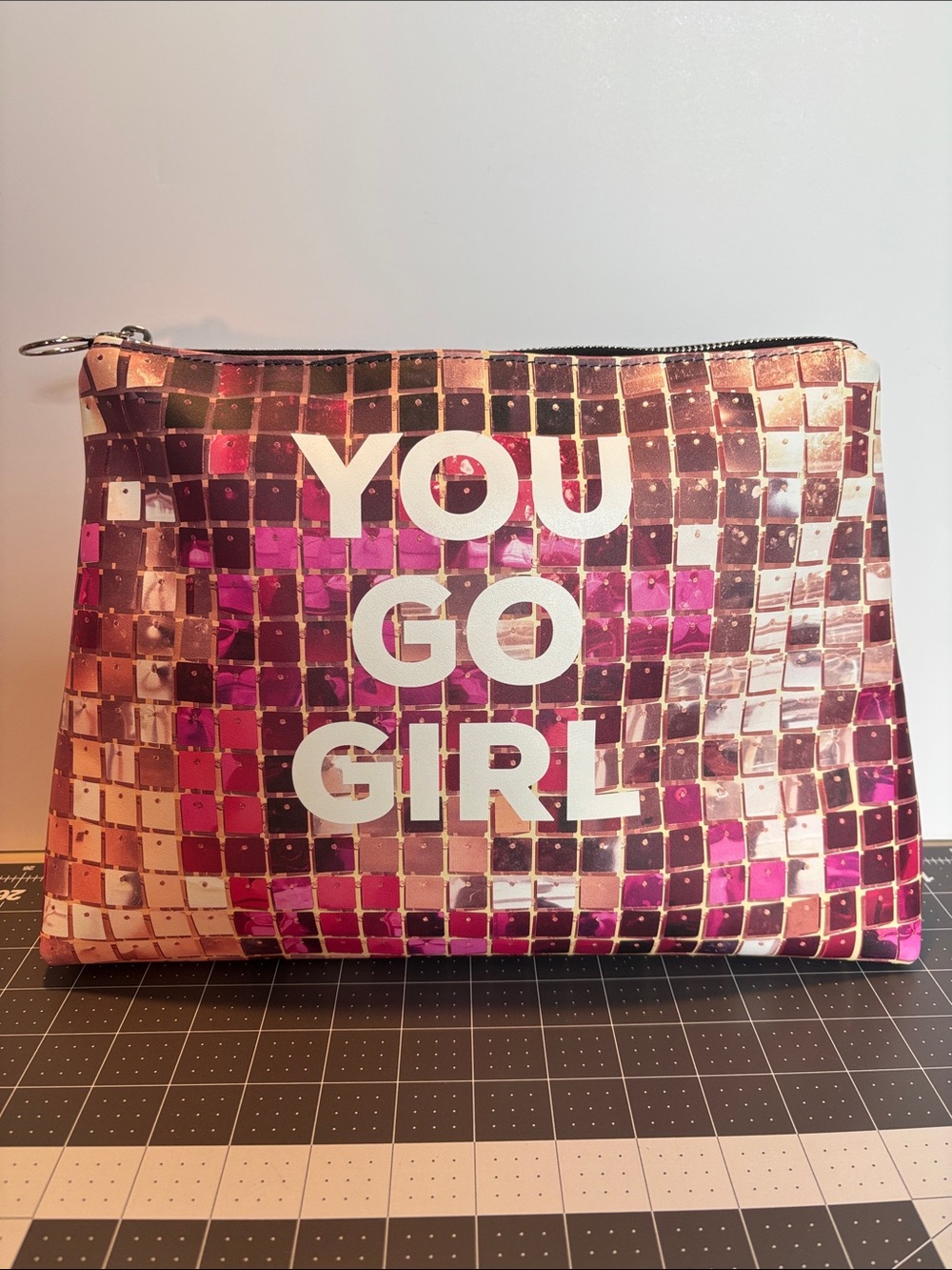 Pink Printed Sequins “YOU GO GIRL”Leather Clutch